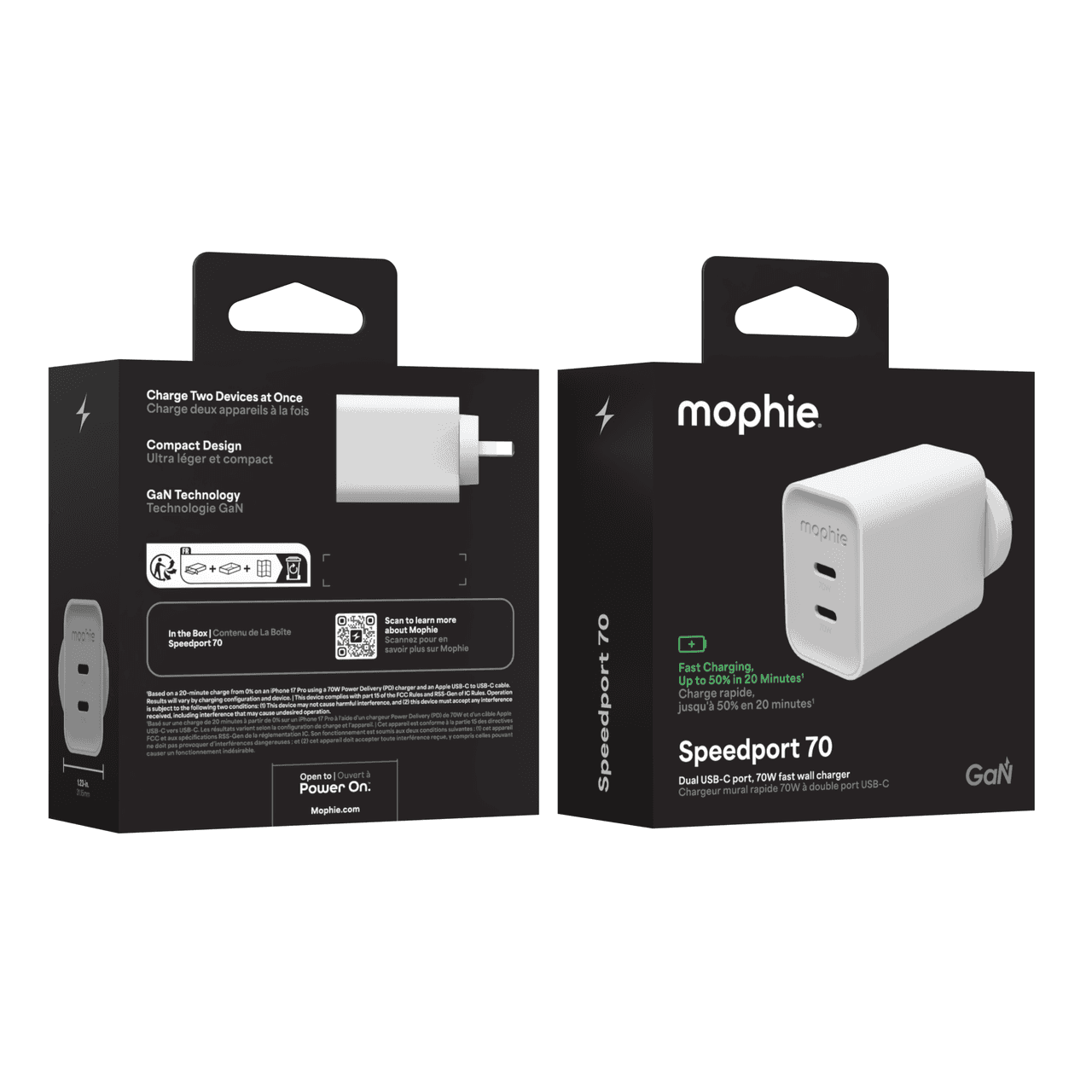 ZAGG ZAGG mophie Speedport Dual USB-C GaN Wall Charger, 70W Power Delivery, 2C, White 409920000