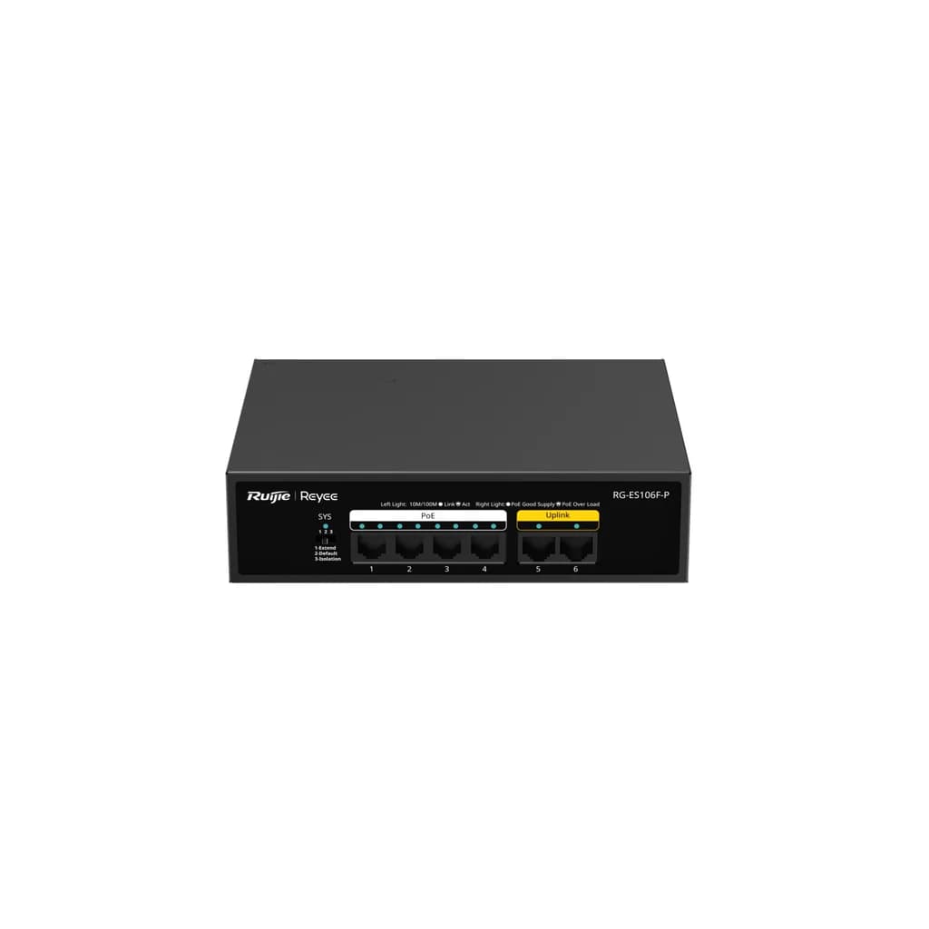 REYEE Ruijie Reyee 6P 10/100Mbps Unmanaged Fanless Switch - PoE (4 Ports) (54W) - Metal Casing RG-ES106F-P