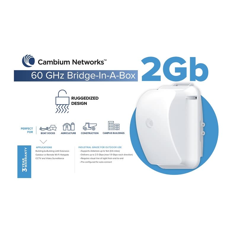 Cambium Networks Cambium cnWave 60 GHz Wireless Bridge in a Box 2Gbps Full Duplex Point to Point Wireless Backhaul C600510C033