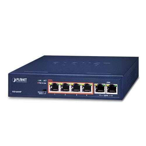 Planet Planet FSD-604HP, 4-Port 10/100TX 802.3af/at PoE + 2-Port 10/100TX Desktop Switch (60 Watts) NS022