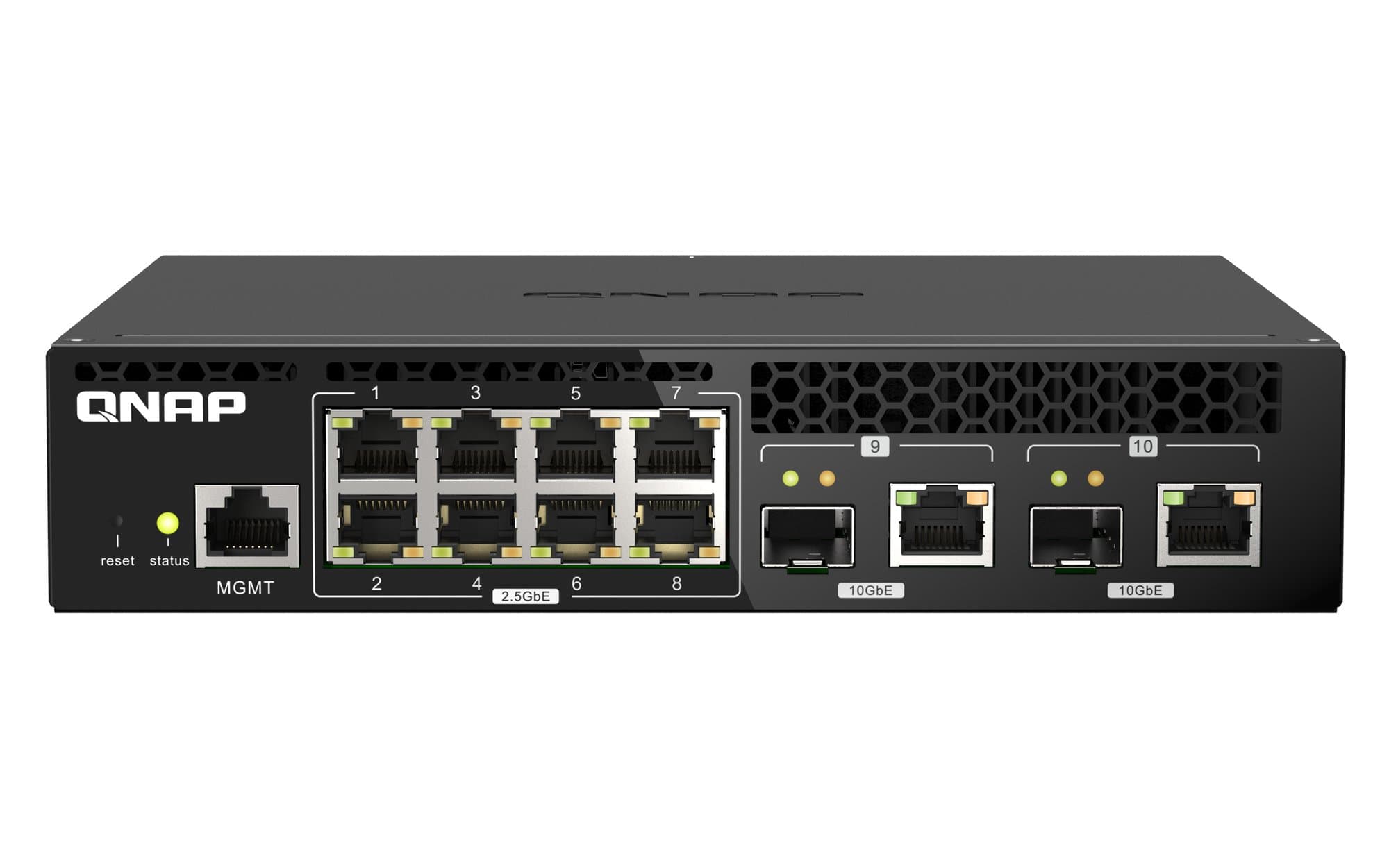 QNAP QNAP QSW-M2108R-2C, 8 port 2.5Gbps, 2 port 10Gbps SFP+/ NBASE-T Combo, web managed switch, rackmount design, new rack mount kit NS095