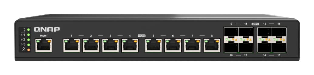 QNAP QNAPQSW-IM3216-8S8T fan less industrial design, 8 ports 10GbE RJ45, 8 ports 10GbE SFP+, rack mount/wall mount web managed switch NS130