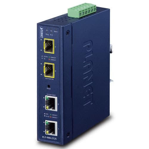Planet Planet IGT-900-2T2S IP30 Industrial 2-Port 10/100/1000T + 2-Port 100/1000/2500X SFP Full Managed Media Converter (-40 to 75 C, dual redundant power input on 9~48VDC terminal block, ERPS Ring, 1588, Modbus TCP, Cybersecurity features, IPv4/IPv6 Static NS133