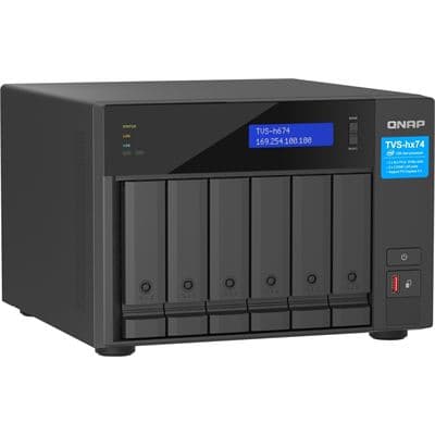 QNAP QNAP TVS-h674-i3-16G 6-bay QuTS hero NAS, Intel® Core i3-12100 4-core/8-thread, up to 4.3GHz, 16GB SO-DIMM  DDR4(max.128GB), 6 x 2.5"/3.5" SATA HDD/SSD, 2 x 2.5GbE, 2x M.2 PCIe Gen4 x4 slots, PCIe Gen4 slots, HDMI 1.4b, 250W PSU TVS-h674-i3-16G
