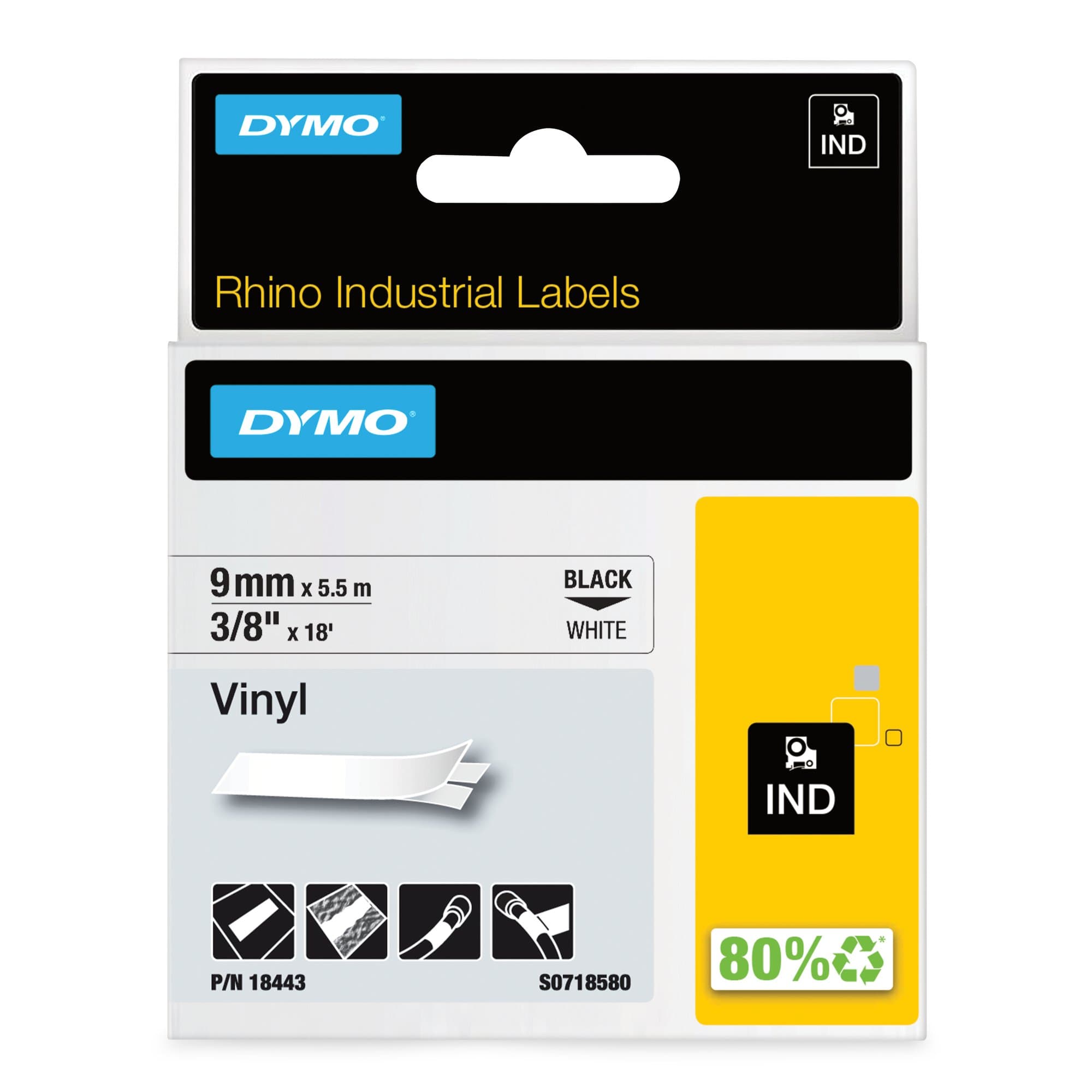 Dymo DYMO Genuine Rhino Industrial Vinyl Labels 9mm x 5.5m. Black on White. 18443