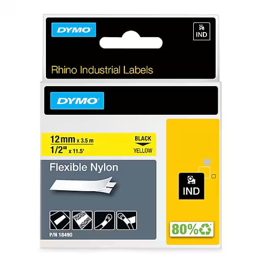 Dymo DYMO Genuine Rhino Industrial Labels-Flexible Nylon 12mm Black on 18490