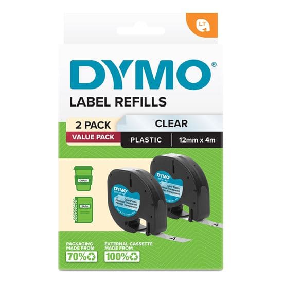 Dymo Dymo LetraTag Plastic Tape 12mm x 4M Clear 2-Pack 2191233