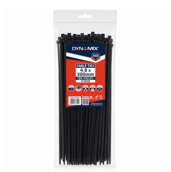Dynamix 4.8x300mm UV Black Cable Ties Pack Of 100 DY3005B