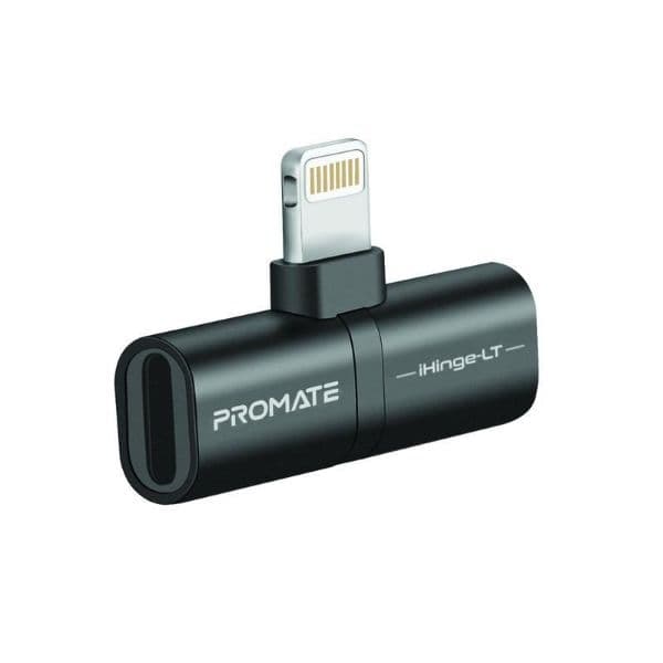 Promate 2-In-1 Audio & Charging Adaptor Lightning Connector. 2A Pass Through Charging. IHINGE-LT-BLK