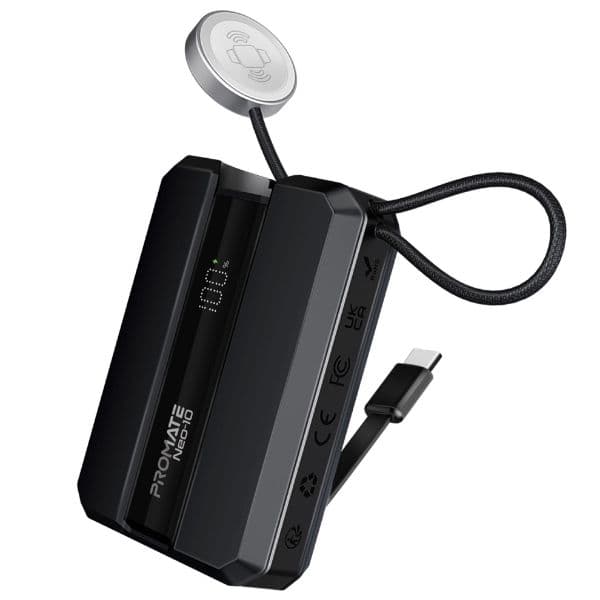 PROMATE 10000mAh 30W PD Ultra-Fast Power Bank W/ Built-In USB-C Cable & Apple Watch Charger NEO-10-BLK
