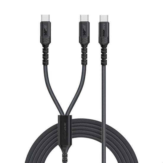 promate 1.4M 140W PD USB-C to Dual USB-C Charging Cable. POWERLINK-3C-BLK