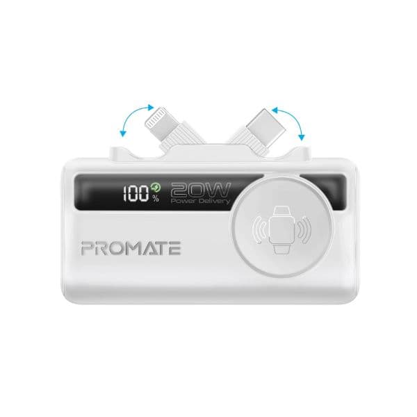 Promate 5000mAh Ultra-Compact Fast Charging Power Bank In-Built Dual Folding USB-C & Lightning POWERUP-TRIO-WHT