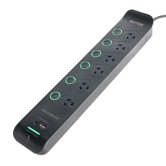 Jackson Raptor Individually Switched 6 Way Surge Protected Powerboard RAP6S45