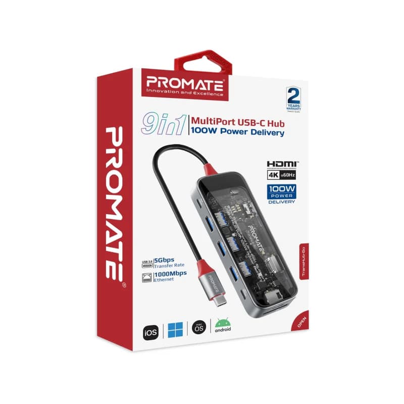 Promate PROMATE 9-in-1 USB Multi-Port Hub with USB-C Connector. Includes 100W TRANSHUB-GO