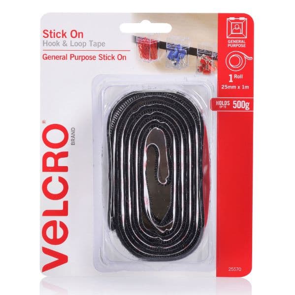 VELCRO 25mm X 1m Stick On Hook & Loop Tape. Designed For General Purpose VEL25570