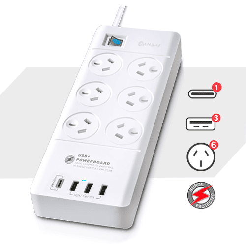Sansai 6 Outlet Powerboard with 3x USB-A and 1x USB-C 507328