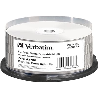 Verbatim Verbatim BD-R 25GB 6X White Wide Printable 25 Pack on Spindle 43738