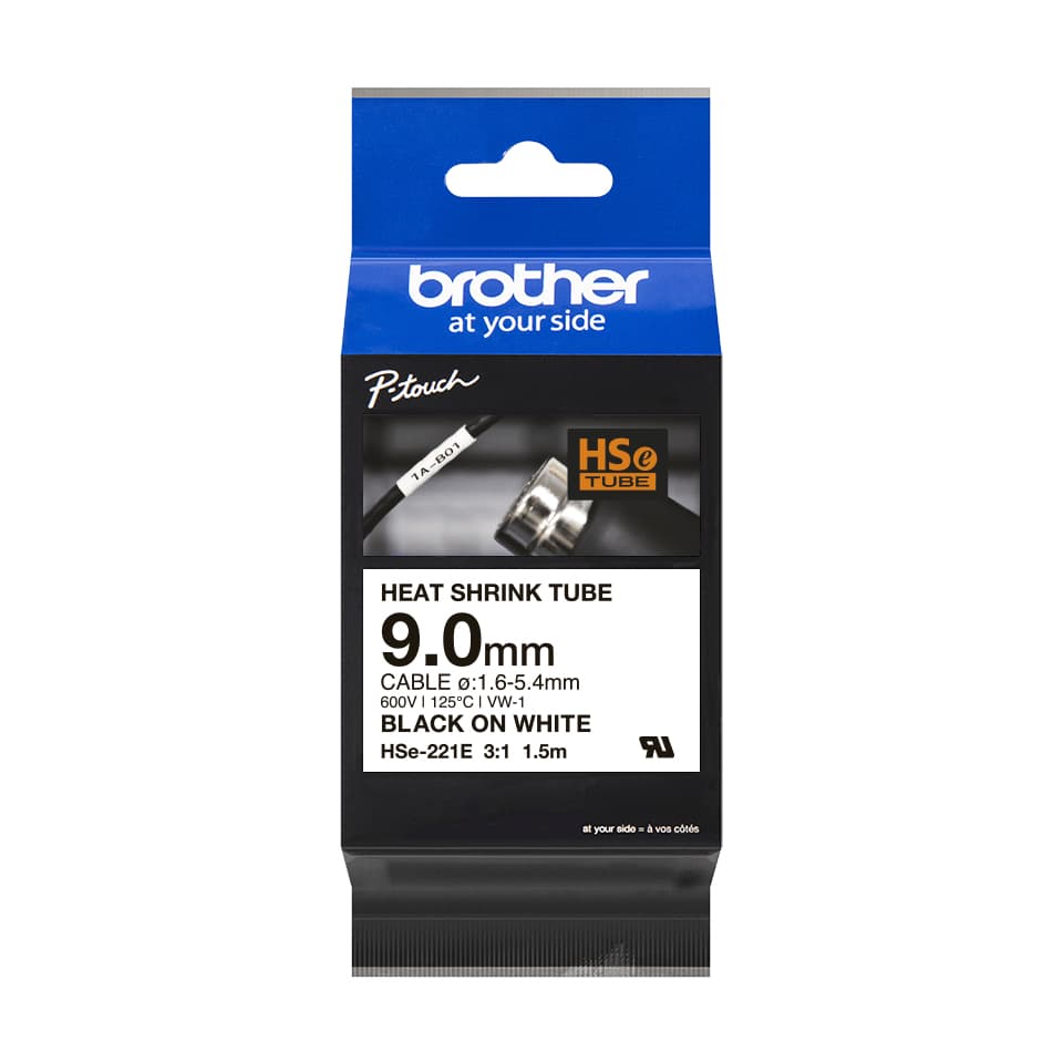 Brother Brother HSe-221E 9.0mm x 1.5m Black on White Heat Shrink Tape HSE221E
