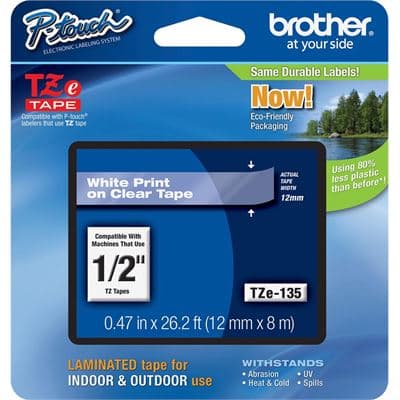 Brother Brother TZe-135 12mm x 8m White on Clear Tape TZE135