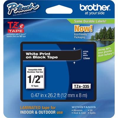 Brother Brother TZe-335 12mm x 8m White on Black Tape TZE335