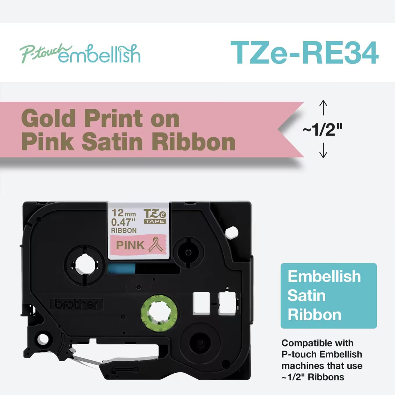 Brother Brother TZe-RE34 12mm x 4m Gold on Pink Ribbon Tape TZERE34