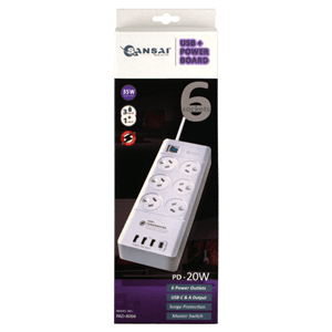 Sansai Sansai 6 Way Surge Powerboard with 3x USB, 1x USB-C Charging Ports SPB0155
