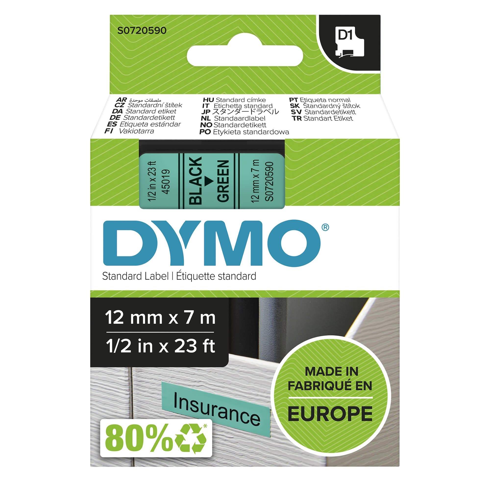 Dymo Dymo Blk on Grn 12mmx7m Tape DYS0720590