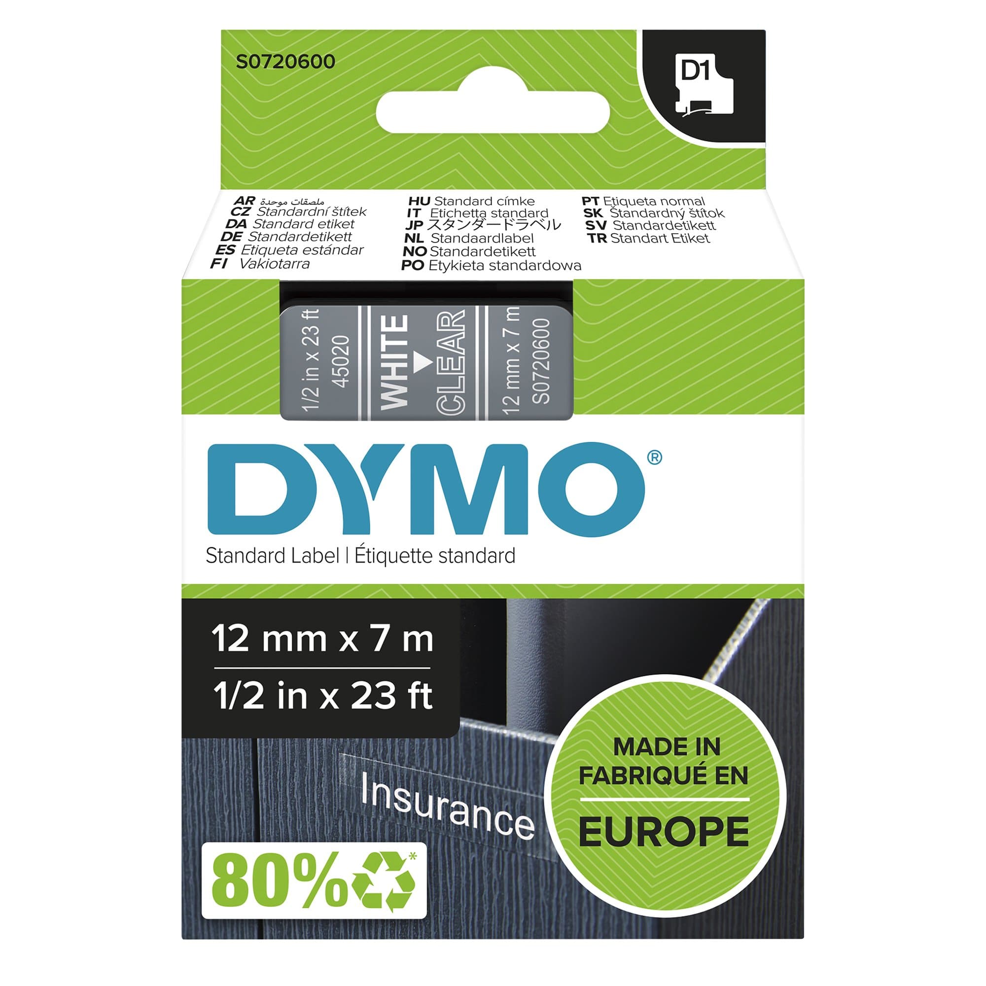 Dymo Dymo Wht on Clr 12mmx7m Tape DYS0720600