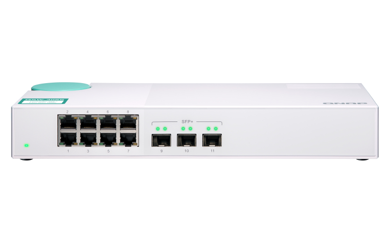 QNAP QSW-308S 10Gb Ethernet Switch 3 x 10GbE SFP+ 8 x 1GbE RJ45 ports QNAP — view 1