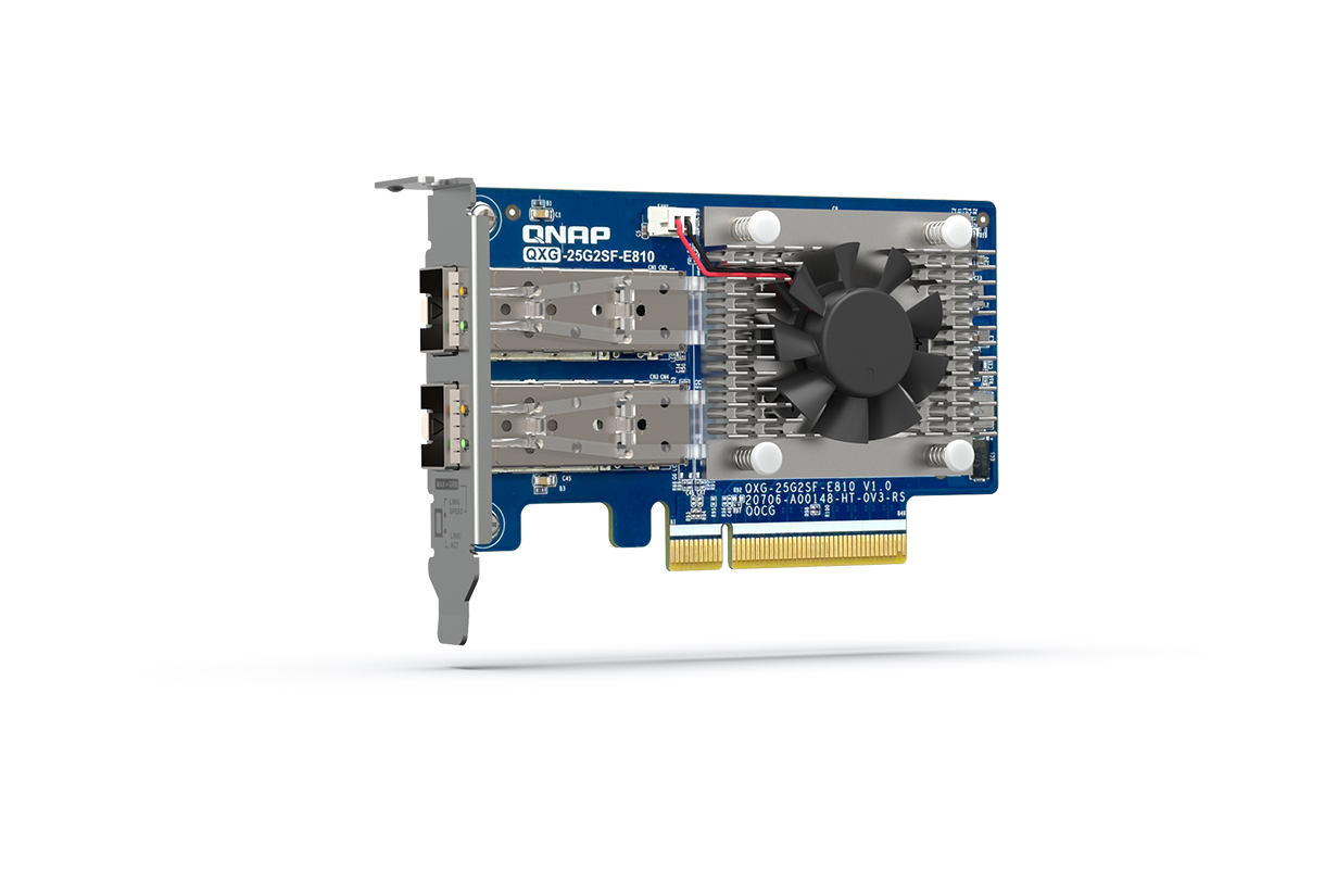 QNAP QXG-25G2SF-E810 Dual-port SFP28 25GbE network expansion card for NAS PC or Server. Low-profile form factor PCIe Gen4 x8 QNAP — view 2