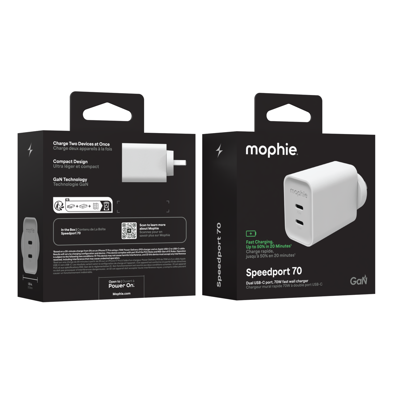 ZAGG mophie Speedport Dual USB-C GaN Wall Charger, 70W Power Delivery, 2C, White ZAGG — view 2