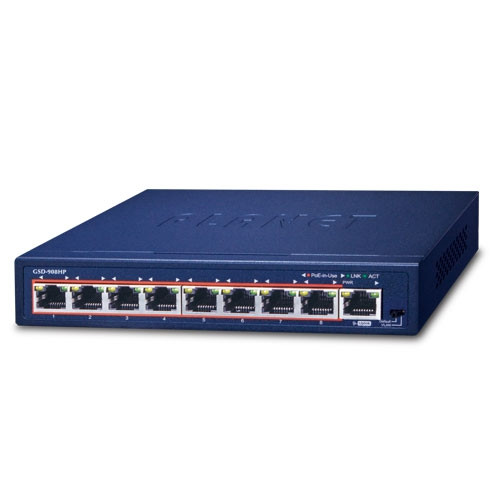Planet GSD-908HP, 8-Port 10/100/1000 Gigabit 802.3at POE Ethernet Switch plus 1-Port Gigabit Ethernet Switch (100W POE Budget with External Power Supply) Planet — view 2