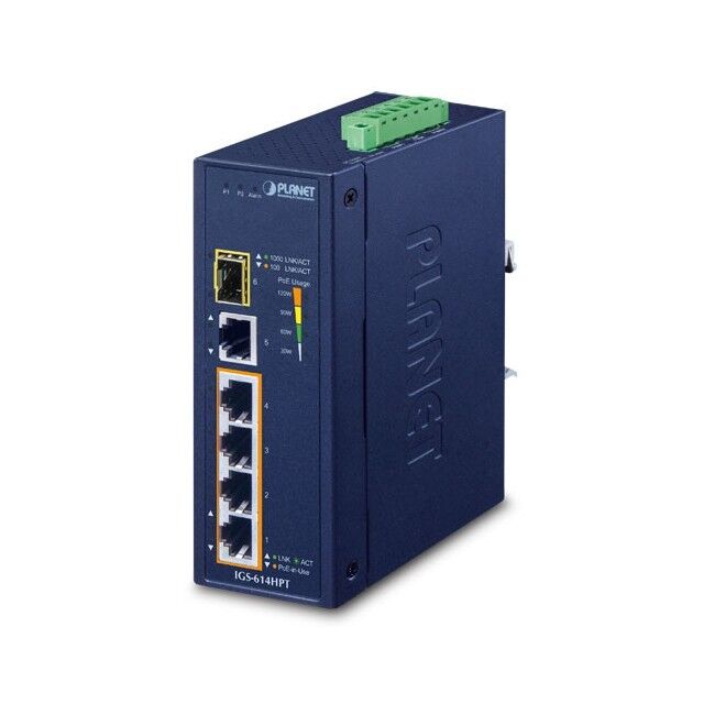 Planet IGS-614HPT Industrial 4-Port 10/100/1000T 802.3at PoE + 1-Port 10/100/1000T + 1-Port 100/1000X SFP Gigabit Ethernet Switch Planet — view 2