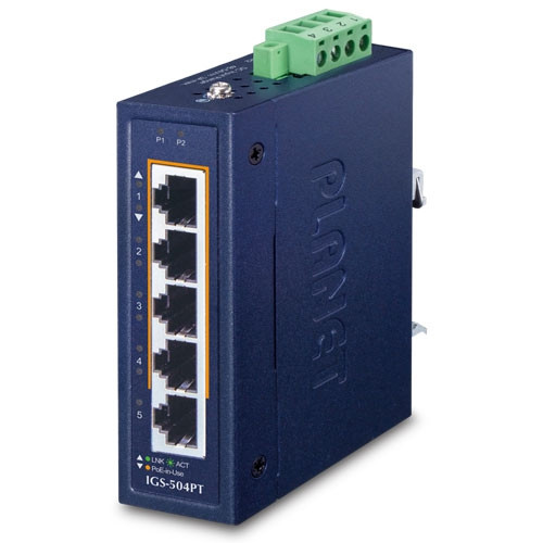 Planet IGS-504PT IP30 Compact size 4-Port 10/100/1000T 802.3at PoE + 1-Port 10/100/1000T Gigabit Ethernet Switch (-40~75 degrees C, dual 48~54V DC) Planet — view 2