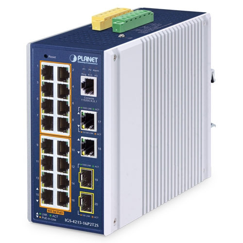 Planet IGS-4215-16P2T2S Industrial 16-Port 10/100/1000T 802.3at PoE +2-Port 10/100/1000T + 2-Port 100/1000X SFP Managed Switch (-40~75 degrees C) Planet — view 2