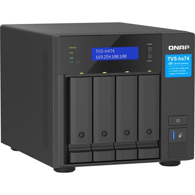 QNAP TVS-h474-PT-8G 4-bay QuTS hero NAS, Intel® Pentium® Gold G7400, up to 3.7GHz, 8GB  SO-DIMM  DDR4(max.128GB), 4 x 2.5"/3.5" SATA HDD/SSD, 2 x 2.5GbE, 2x M.2 PCIe Gen3 x2 slots, PCIe Gen4 slots, HDMI 1.4b, 250W PSU QNAP — view 2