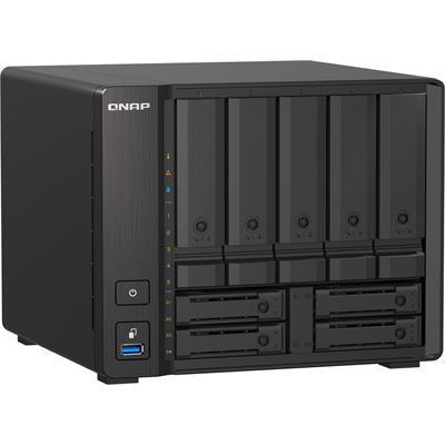 QNAP TS-h973AX-32G 9-bay NAS, AMD Ryzen V1500B 4C 8T 2.2GHz, 32GB DDR4 SODIMM (max. 64GB total, optional ECC RAM support), 5 x 2.5"/3.5" SATA 6Gbps + 2 x 2.5" U.2 NVMe PCIe Gen3 x4 / 2.5" SATA 6Gbps  + 2 x 2.5" SATA 6Gbps drive bays. 2 x 2.5GbE, 1 x QNAP — view 2