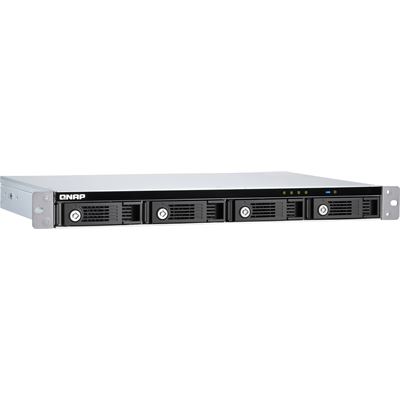 QNAP TR-004U 4-bay 1U 12" short-depth rackmount 3.5" SATA HDD USB 3.0 type-C hardware RAID external enclosure. 1M USB 3.0 type-C to type-A cable included. Expansion unit for QNAP NAS, Windows, Mac, Linux computers. QNAP — view 1