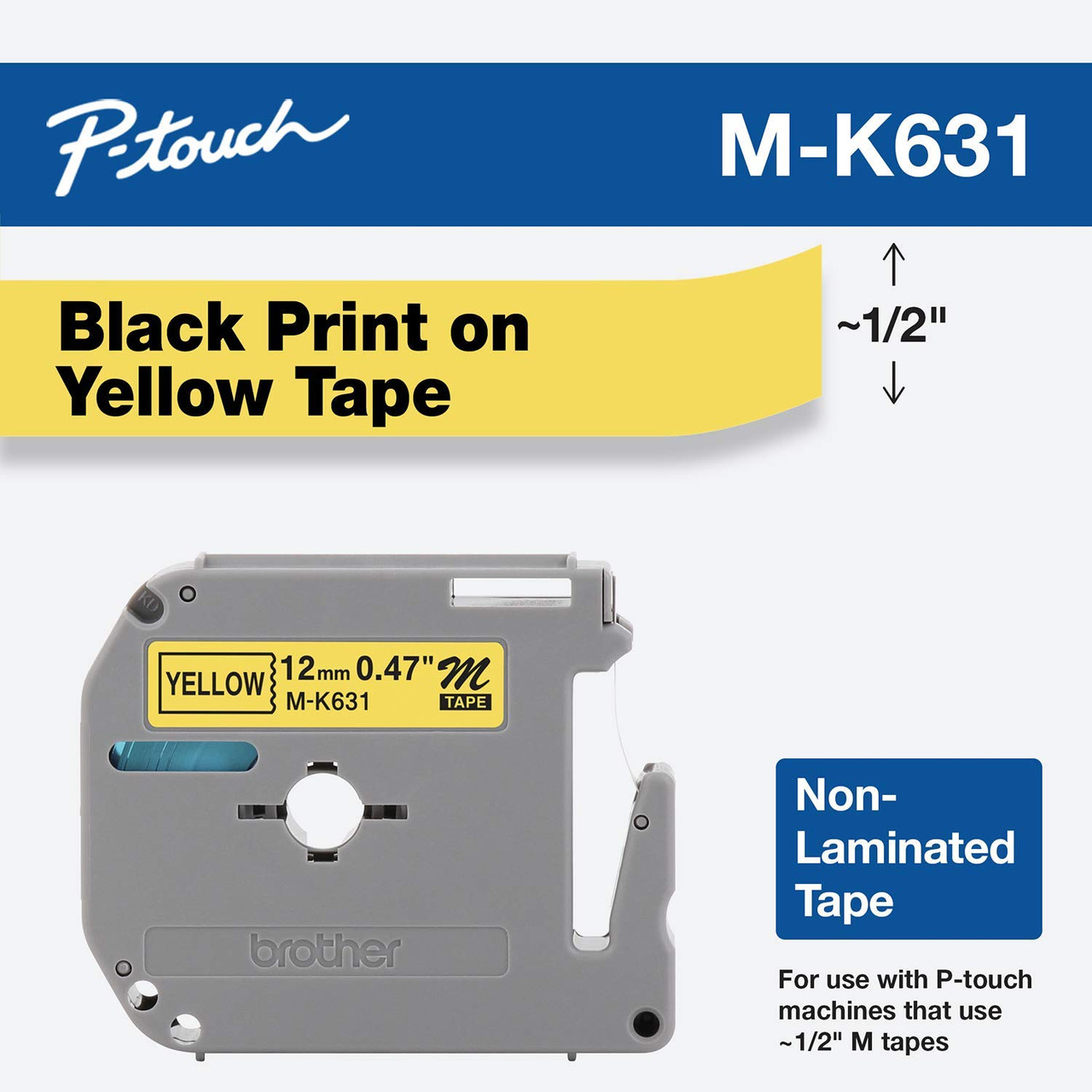 BROTHER 12mm BLK on YLLW tape for PT65 PT85 PT10 BROTHER — view 2
