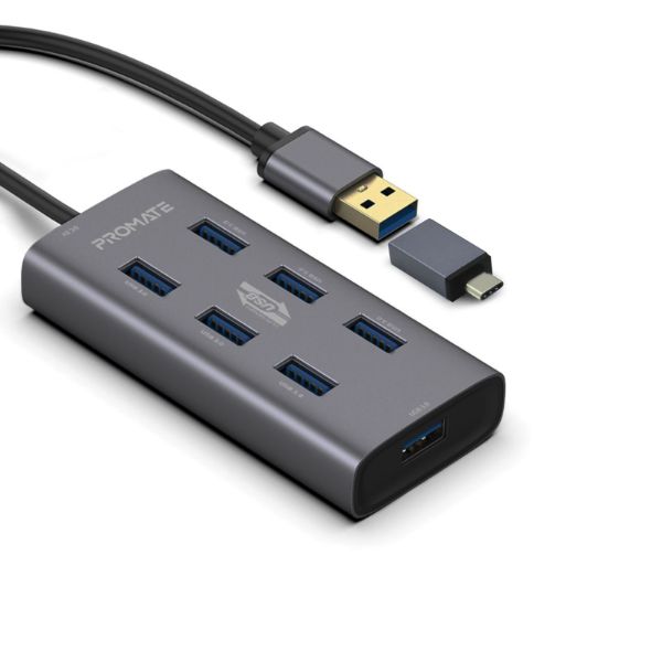 Powered USB Hub W/ 7x USB 3.0 Ports Plus Add USB-C Adaptor Aluminium Alloy Promate — view 2