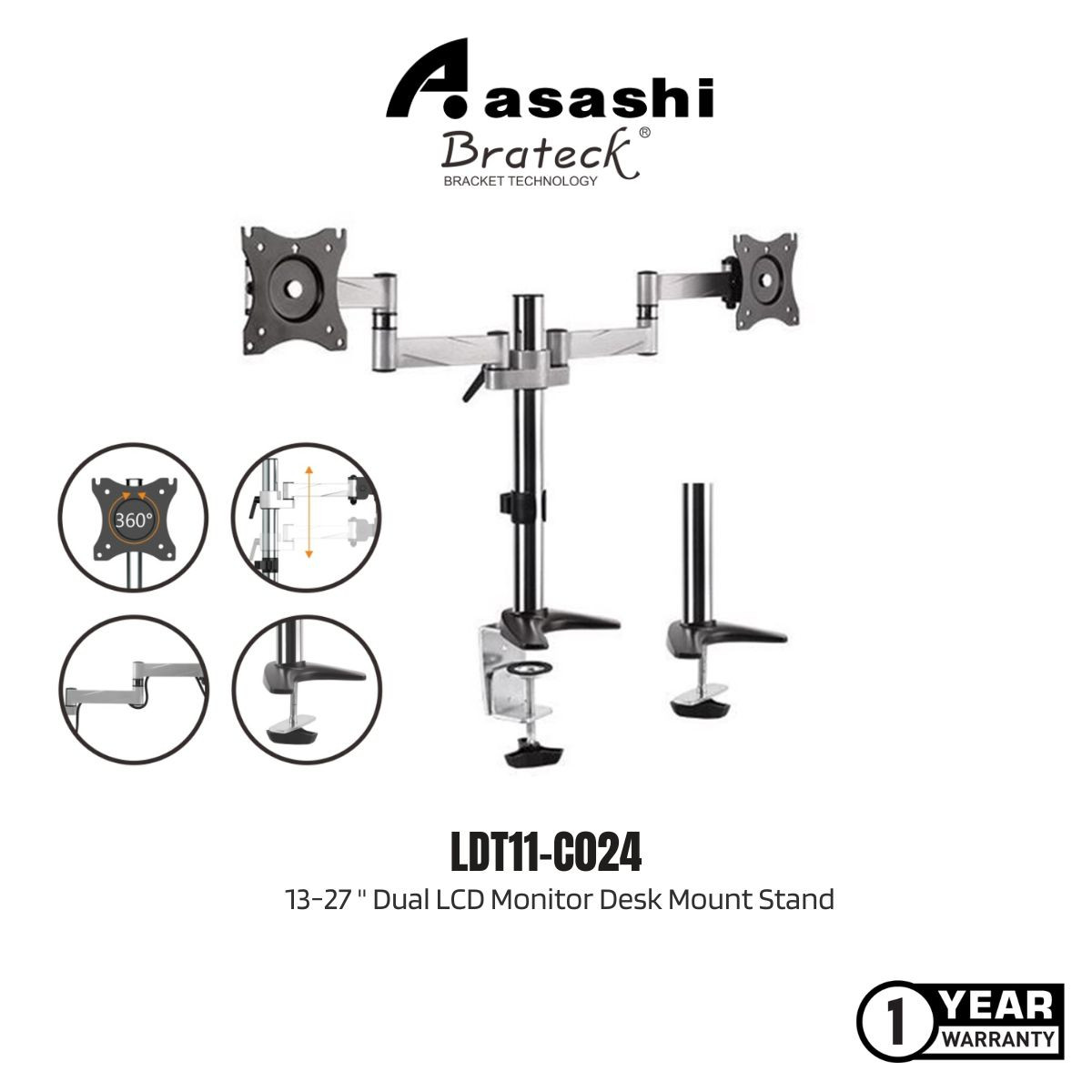BRATECK 13"-27" Dual Monitor Desk Mount. Max load 8kg per arm. Brateck — view 2