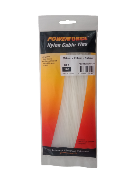2.8 X 200mm Natural Cable Ties Pack Of 100 8kgs Tensile Strength POWERFORCE — view 2