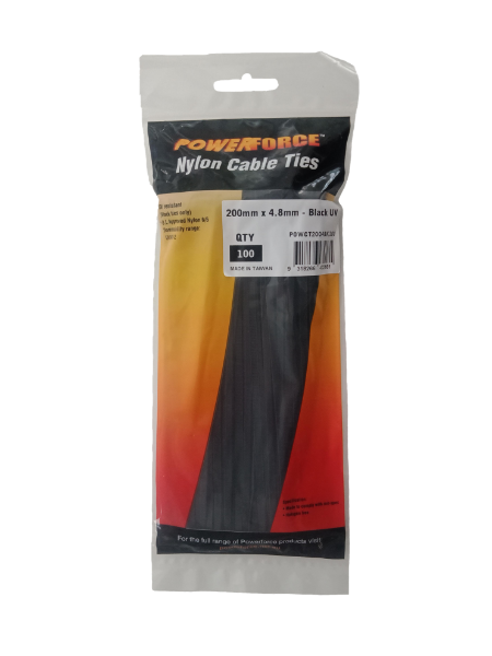 4.8 X 200mm Black UV Cable Ties Pack Of 100 22kgs Tensile Strength POWERFORCE — view 2