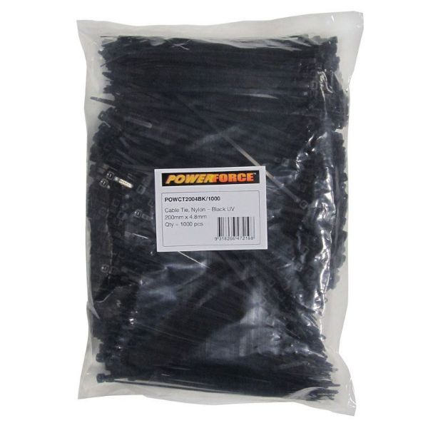 4.8 X 200mm Black UV Cable Ties Pack Of 1000 22kgs Tensile Strength POWERFORCE — view 2