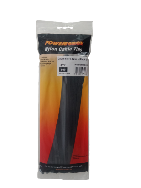 4.8 X 250mm Black UV Cable Ties Pack Of 100 22kgs Tensile Strength POWERFORCE — view 2