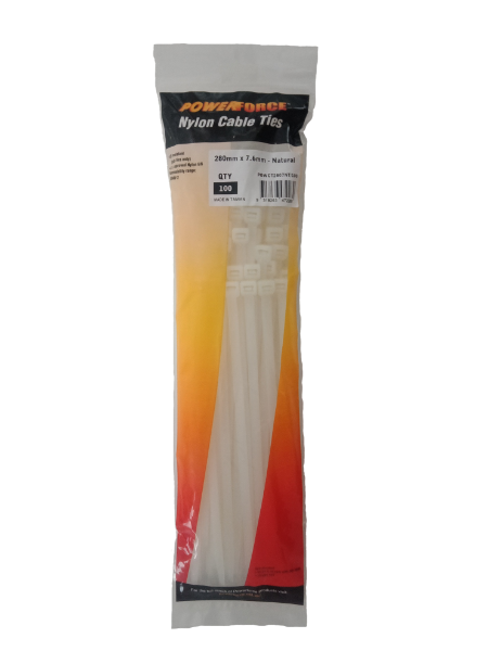 7.6 X 280mm Natural Cable Ties Pack Of 100 55kgs Tensile Strength POWERFORCE — view 2