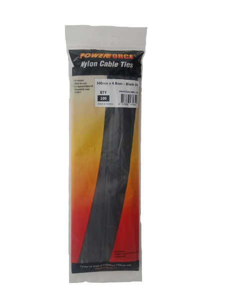 4.8 X 300mm Black UV Cable Ties Pack Of 100 22kgs Tensile Strength POWERFORCE — view 1