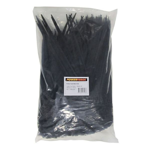 7.6 X 380mm Black UV Cable Ties Pack Of 1000 55kgs Tensile Strength POWERFORCE — view 2