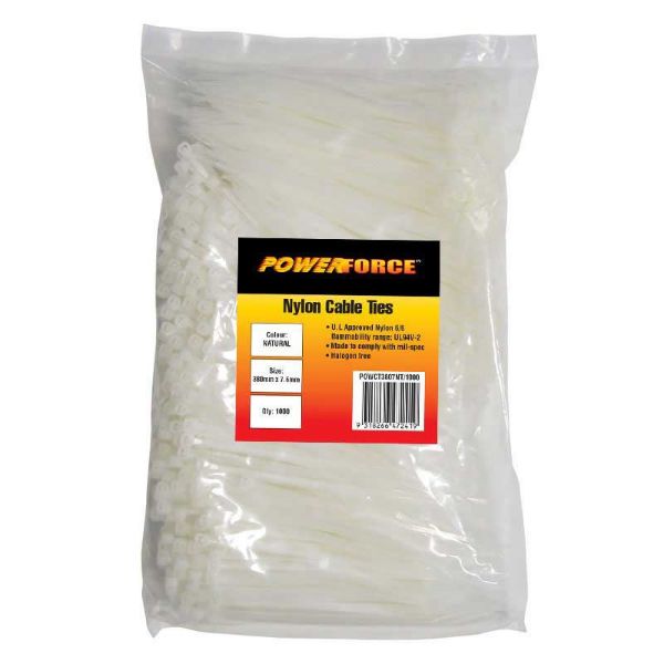 7.6 X 380mm Natural Cable Ties Pack Of 1000 55kgs Tensile Strength POWERFORCE — view 1