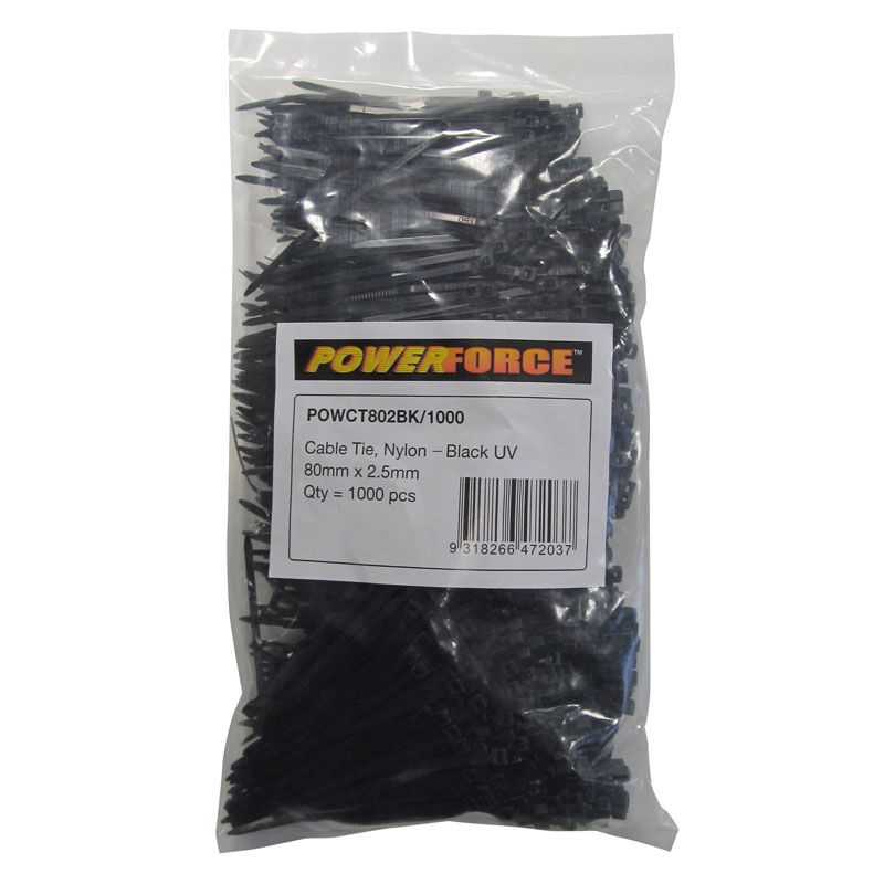 2.5 X 80mm Black UV Cable Ties Pack Of 1000 8kgs Tensile Strength POWERFORCE — view 2